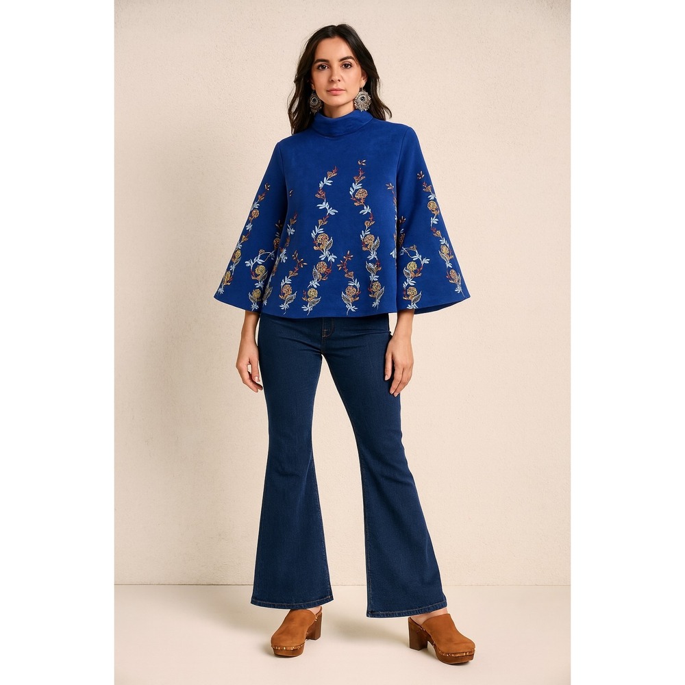 Zara‎ Royal Blue Faux Suede Top XS Floral Folk Embroidery Boho Festival 70s